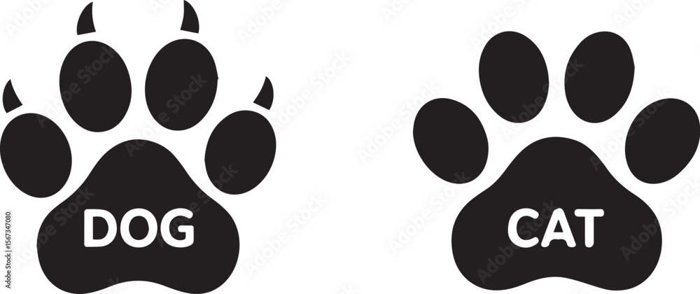 Fototapeta premium Black cat and dog paw print vector icon design with animal footprints
