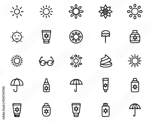 Comprehensive collection of sun protection symbols featuring essential elements like sunscreen application skin care and outdoor safety for health and wellness graphics
