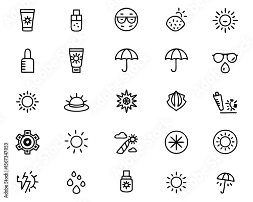 Comprehensive collection of graphic elements representing sun protection featuring symbols for sunscreen skin care and outdoor safety in a vibrant color palette suitable for various applications