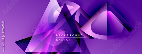 Abstract purple design features geometric shapes, gradients, overlapping layers. Modern background suitable for digital projects.