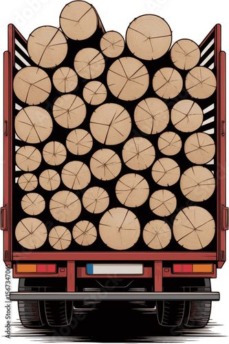Detailed Rear View Illustration of Logging Truck Loaded with Logs – Lumber Haulage Lorry Vector – Timber Transport Heavy Vehicle Isolated on White Background