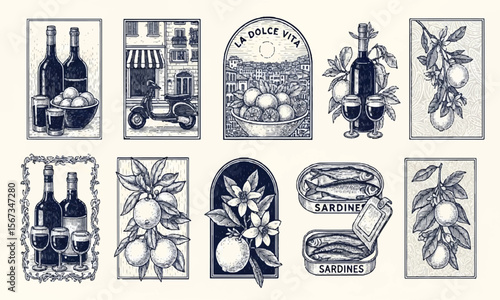 Set of vintage-style illustrations of Italian symbols and foods, including "LA DOLCE VITA" text