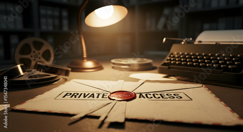Retro Investigation Scene With Private Access Document And Vintage Equipment