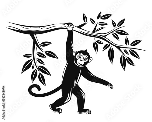 Dynamic silhouette of a playful primate swinging and walking depicting agile movement and wild nature in a striking graphic design