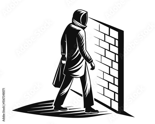 Stealthy shadowy figure in a dark cloak moving with quiet intent a clandestine operative on a covert mission representing secrecy and illicit activities rendered as a distinct graphic element