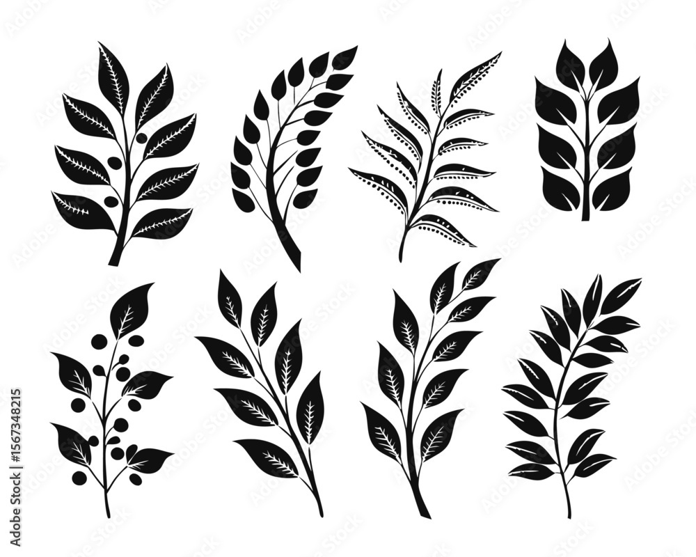 Fototapeta premium Collection of stylized tree branch silhouettes in striking black and vibrant accent colors perfect for nature themed designs and organic branding elements