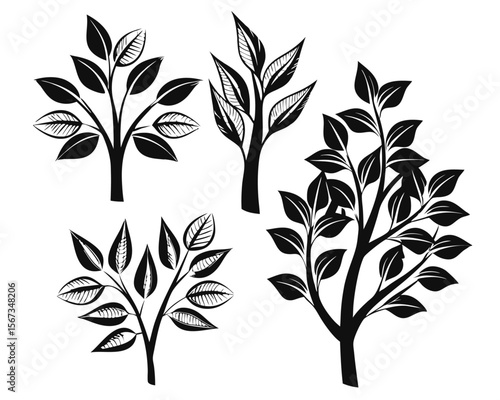 Collection of stylized arboreal outlines in stark contrast featuring distinct branching structures presented as a cohesive graphic element set on a clean background