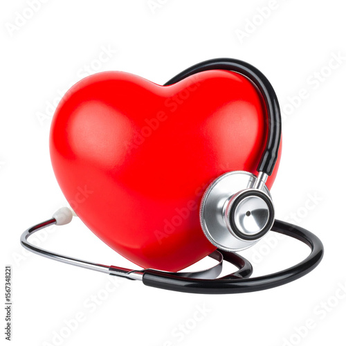 Untitled design - Red heart shape exercise ball with doctor physician's stethoscope isolated with clipping path on transparent background, hospital life insurance concept, world heart health day