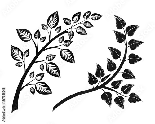 Collection of stylized arboreal silhouettes featuring delicate branches and foliage presented in a monochromatic palette with subtle color accents for diverse design applications