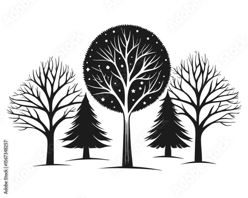 A comprehensive assortment of natural arboreal forms showcasing diverse botanical outlines in a striking monochromatic presentation suitable for various design applications