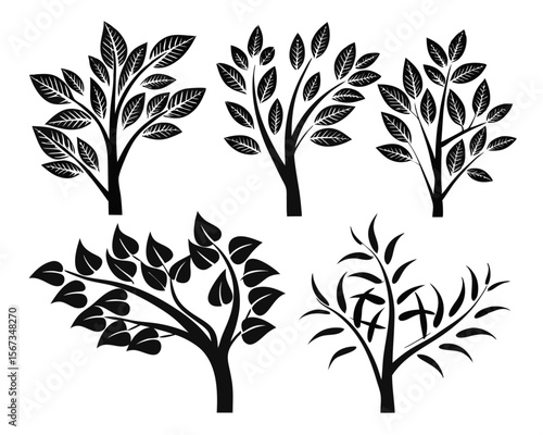 Collection of stylized arboreal forms and branching structures presented in a monochromatic palette with subtle color accents ideal for graphic design projects