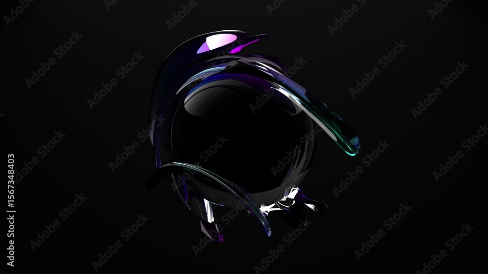 Fantastic sphere with waves of purple and blue liquid glass smoothly moving on a black background. Realistic 3D visualization of abstract orb in voice assistant logo style. Seamless VJ loop , 4K 60fps
