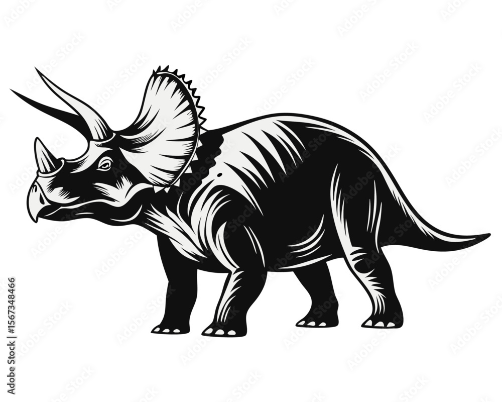 Fototapeta premium Hand drawn artistic silhouette of a majestic triceratops dinosaur showcasing its iconic three horns and frill perfect for prehistoric themes and educational content