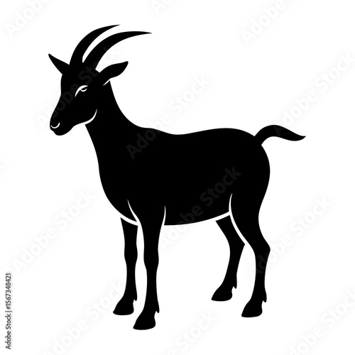 A black silhouette of a goat stands isolated on white background