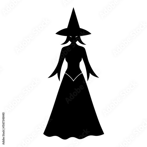 A silhouette of a witch with a pointed hat stands isolated on white background