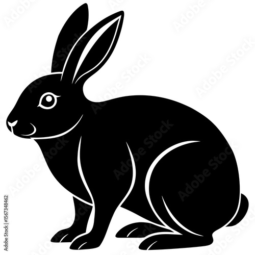 A black rabbit sits isolated on white background
