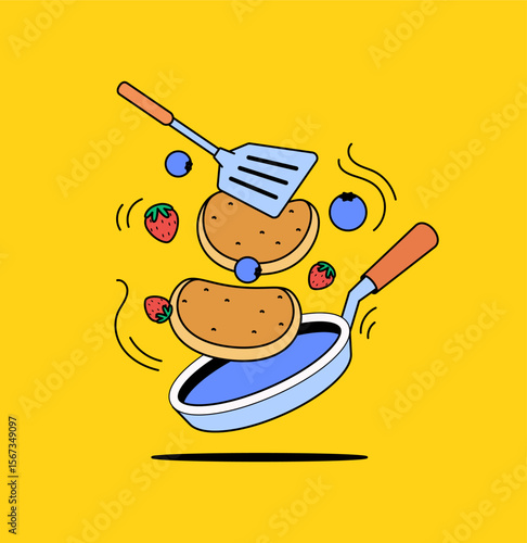 Pancakes being flipped in a frying pan with spatula, surrounded by flying strawberries and blueberries cartoon illustration vector for food icon or badge design