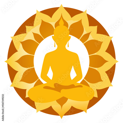 Radiant Buddha silhouette meditating before a floral mandala, glowing with serene golden light.