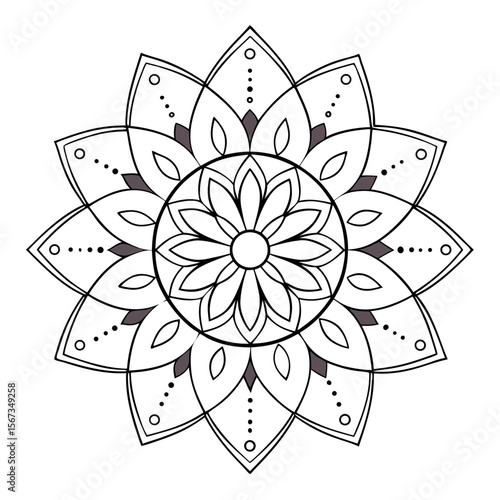 Therapeutic mandala illustration featuring arches, petals, and dot detailing for mindful coloring.