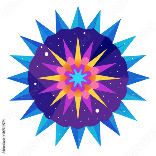 Color-charged psychedelic mandala radiating from a starry digital background with intense energy.