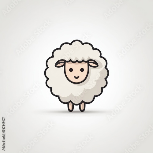 Cartoon sheep, circular fluff, smiling, outlined, with small legs on grey