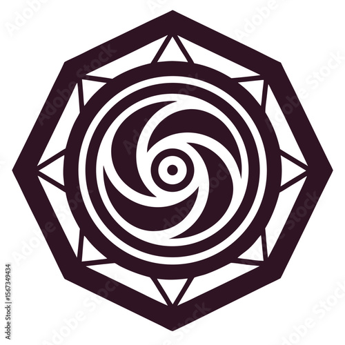 Hexagonal black mandala with thick swirling forms and a strong visual impact.