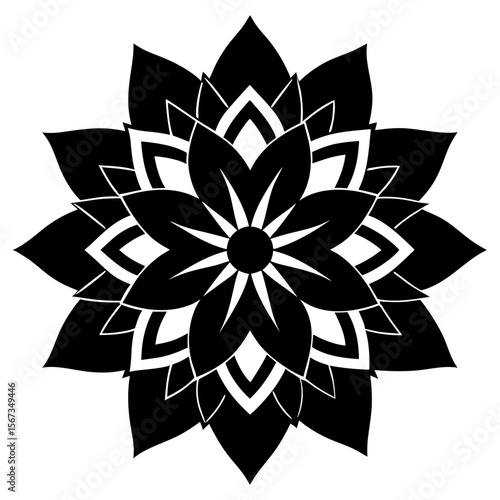 Sharp symmetrical mandala with bold petals and black fill, suited for tattoo aesthetics.
