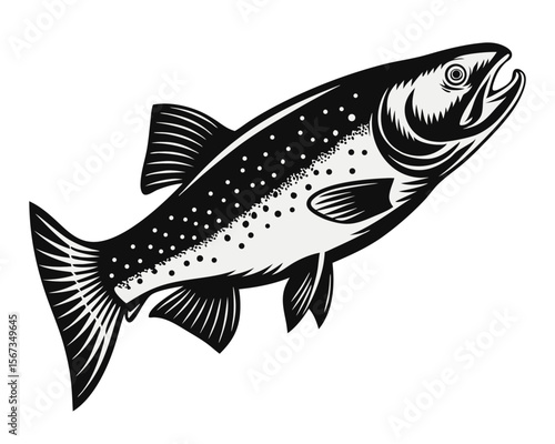 Classic illustration of a trout fish rendered in a vintage style with bold outlines and a limited color palette perfect for retro designs