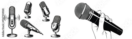 Microphones collection in black and white on white background