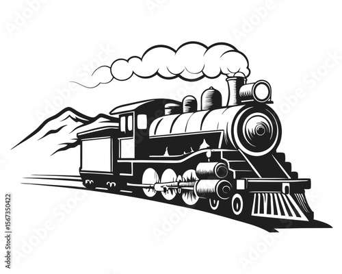 Classic steam locomotive rendered in a bold graphic silhouette with billowing smoke evoking a nostalgic industrial era and powerful railway journeys