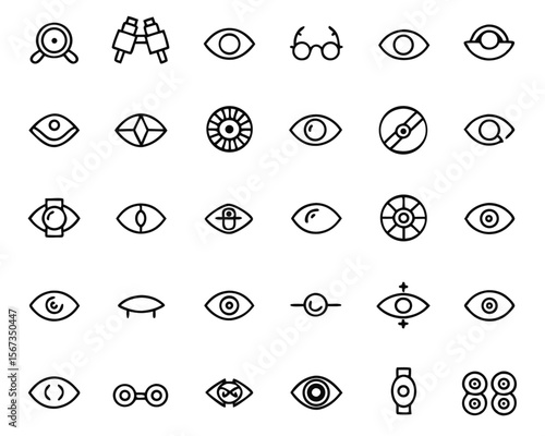 Comprehensive collection of modern line graphics representing ocular anatomy vision enhancement and optical care presented in a clean professional aesthetic suitable for diverse applications