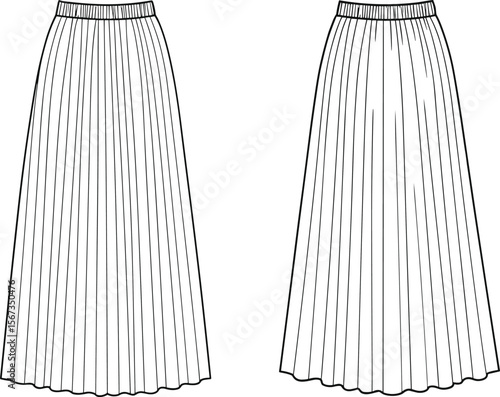 Technical fashion flat sketch of pleated maxi skirt, front and back view, line drawing, vector style, fashion illustration design 