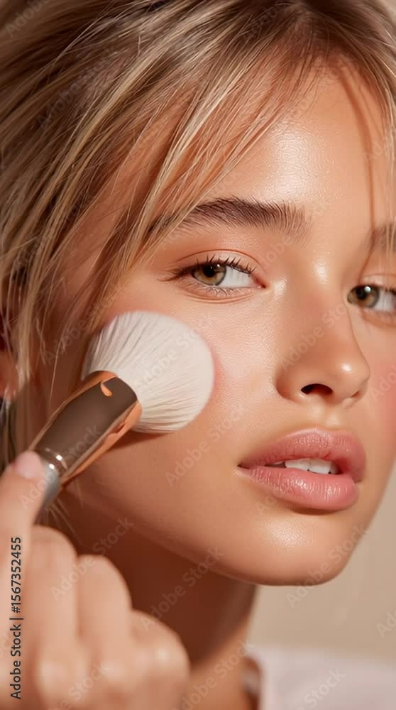 A woman applying blush with a makeup brush for a natural and radiant look, vertical video A woman applying blush with a makeup brush for a natural and radiant look, vertical video