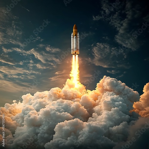 Rocket. Space shuttle with smoke and explosion takes off into space with sky background. Successful start of a space mission. Travel to Mars. Boy watching rocket ... See More
