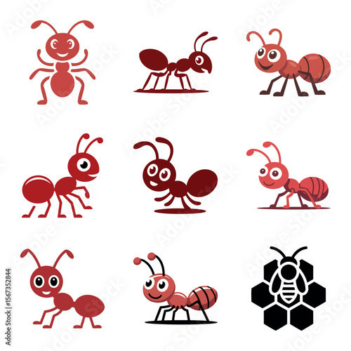 Collection of cute cartoon ants and a bee on honeycomb
