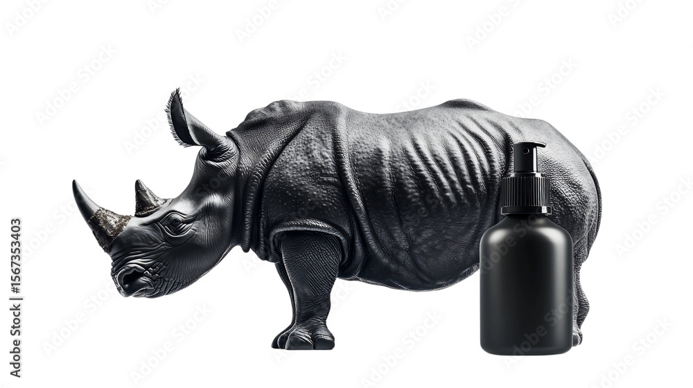 Fototapeta premium A striking black rhinoceros beside a modern matte black cosmetic product bottle