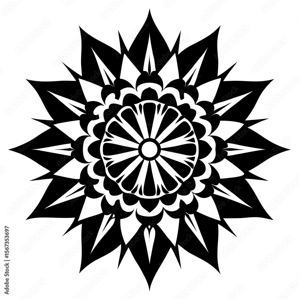 Obraz premium Highly Detailed Radial Mandala in Bold and Fine Black Ink Layers