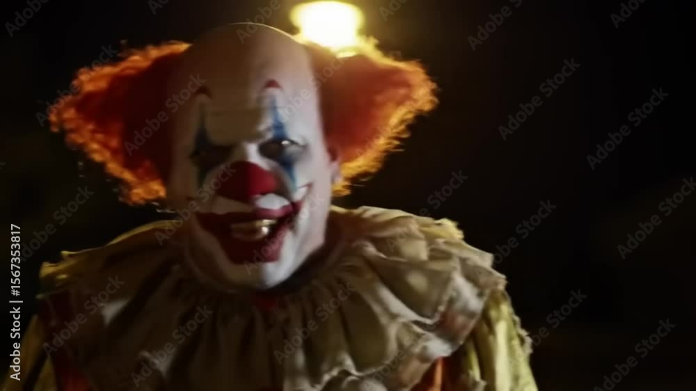 A sinister clown stands under a streetlight at night, creating an eerie atmosphere in the background A sinister clown stands under a streetlight at night, creating an eerie atmosphere in the background