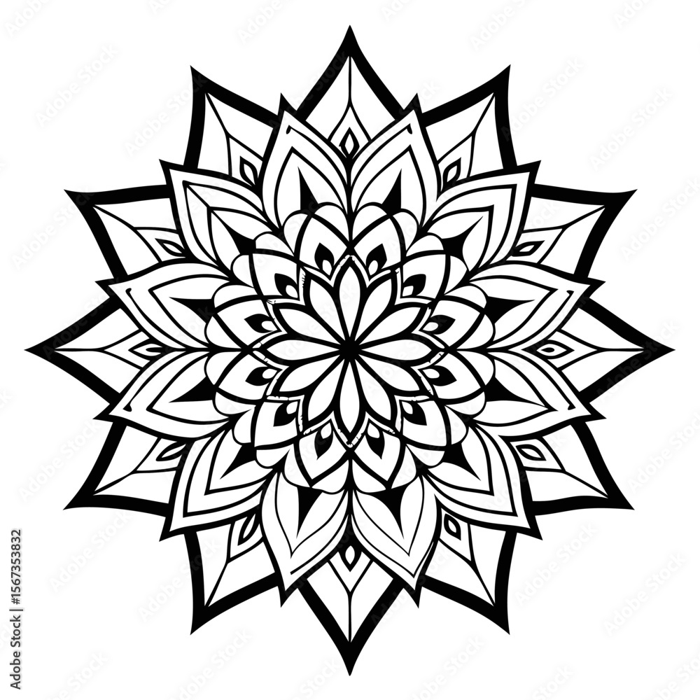 Obraz premium Coloring Mandala with Sharp Petals and Monochrome Intricate Details