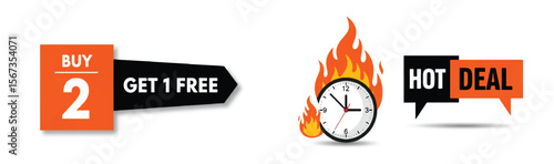 Buy 2 get 1 free promotion and hot deal offer design element on white background