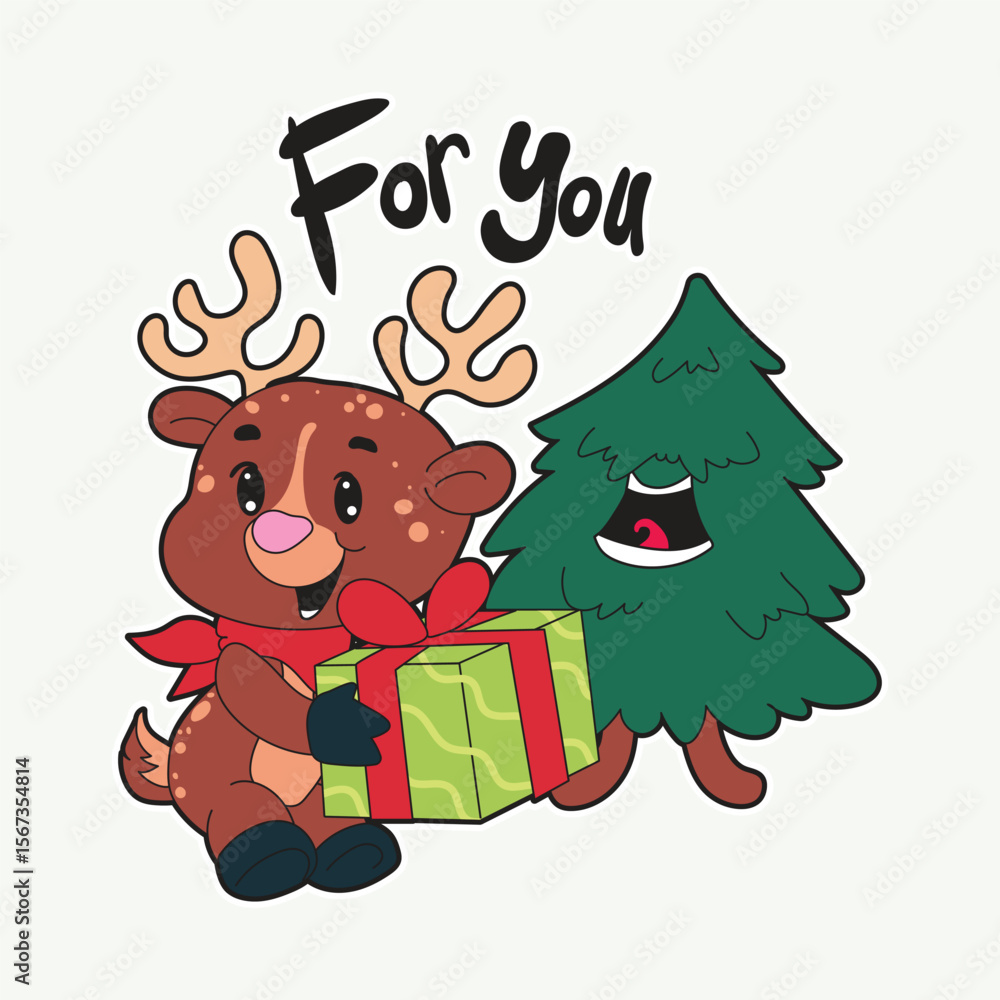 Naklejka premium Vector illustration of cute reindeer holding a gift with Christmas tree and For You text. Great for Christmas greeting cards, party invitations, winter holiday designs, and fun seasonal sticker