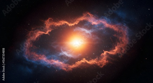 A blue gold nebula sparkles in the darkness of space