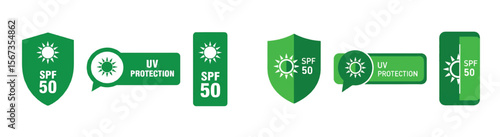 SPF 50 UV protection sunblock vector icons on white background