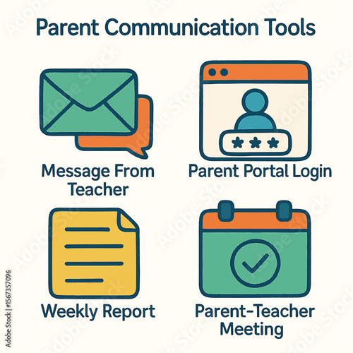 Illustration showcasing parent communication tools, including email, portal login, report, and meeting icons.