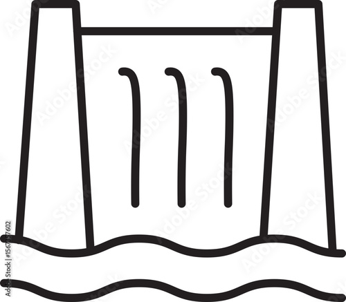 Hydroelectric dam water river energy power structure electricity renewable environment engineering and infrastructure are depicted this simple black and white line illustration of hydroelectric
