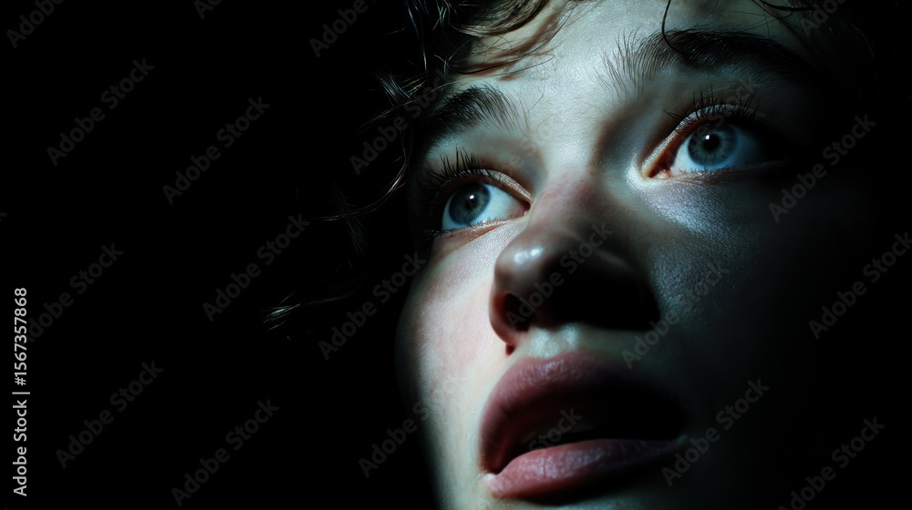 Fototapeta premium Portrait of a young woman set in total darkness.
