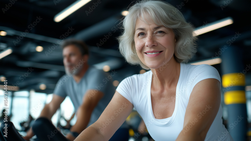 Fototapeta premium Determined older woman engaged in spinning class workout