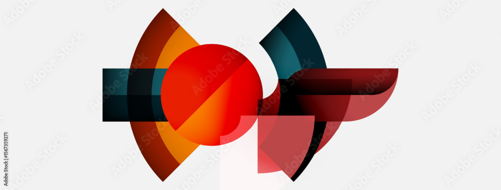 Abstract geometric shapes overlap, creating dynamic composition. Red sphere dominates center, surrounded by curved forms. Minimalist design. Abstract geometric shapes overlap, creating dynamic composition. Red sphere dominates center, surrounded by curved forms. Minimalist design.