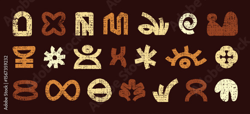 Set of tribal symbols and ethnic icons with grunge texture on dark background, ancient Boho  symbols collection.