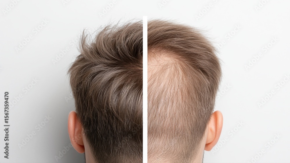 Fototapeta premium Hair Loss Before and After Treatment Comparison - Male Head with Thinning and Regrown Hair head man